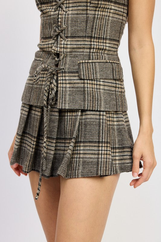 Pleated Plad Mini Skirt