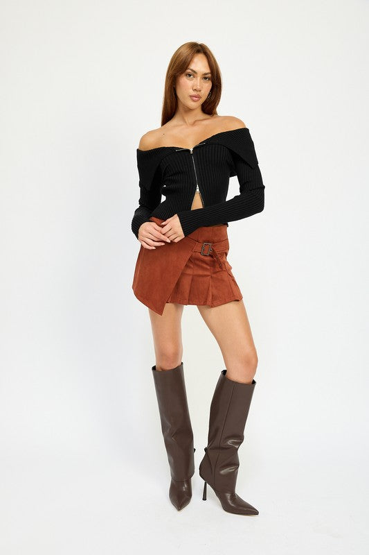 Zip Front Bardot Shoulder Top