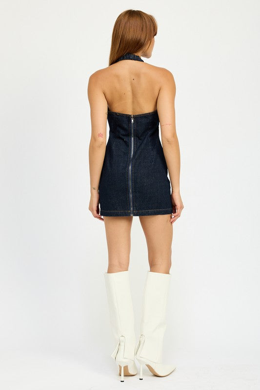 Halter Neck Mini Denim Dress