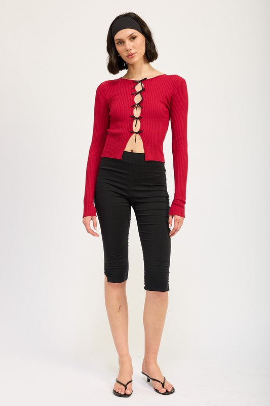 Long Sleeve Ribbed Top With Bow Detail